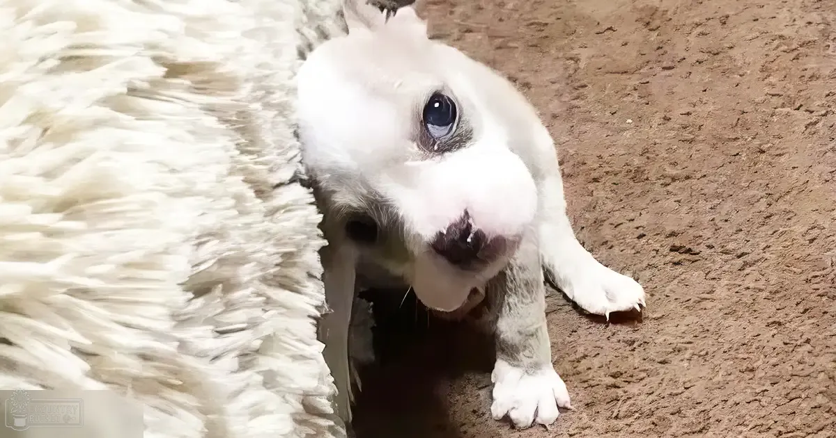 A white dog with gray markings around its paws and face, standing indoors on a carpeted floor. The setting appears to be daytime.