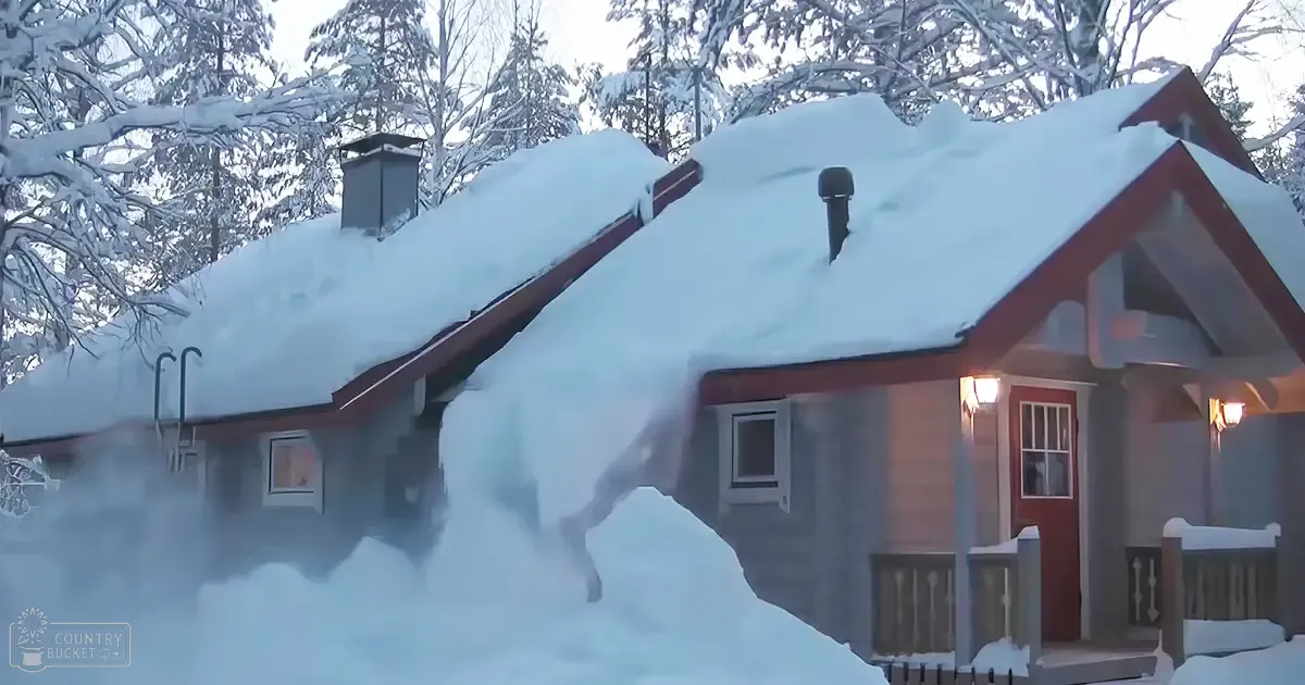 A snowy winter scene with a small house, snow-covered trees in the background, and a mechanical device removing snow from the roof's chimney, windows, and porch railings under natural daylight.