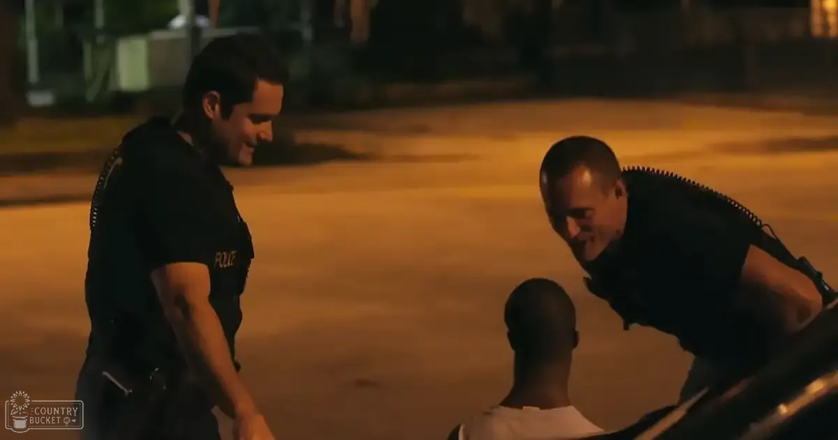Two police officers interacting with a third individual at night on an urban street, illuminated by artificial light