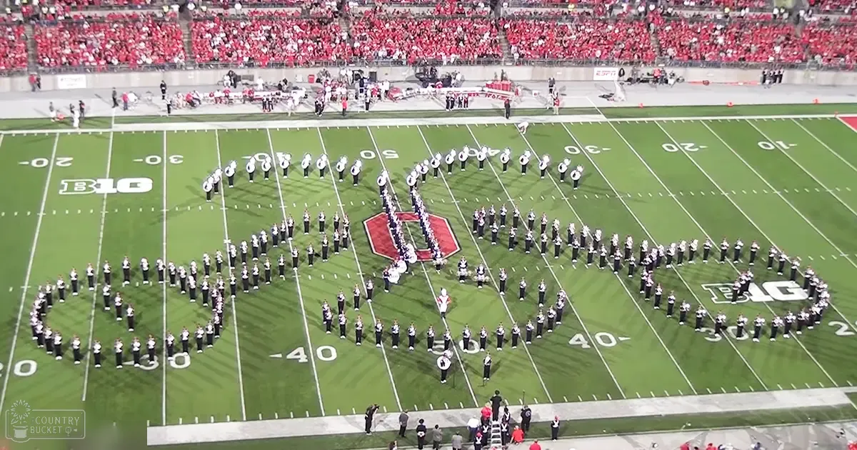A marching band performing at a football stadium during the fall season with a large crowd of spectators seated in red seating areas, green field, and white shirts on the band members.