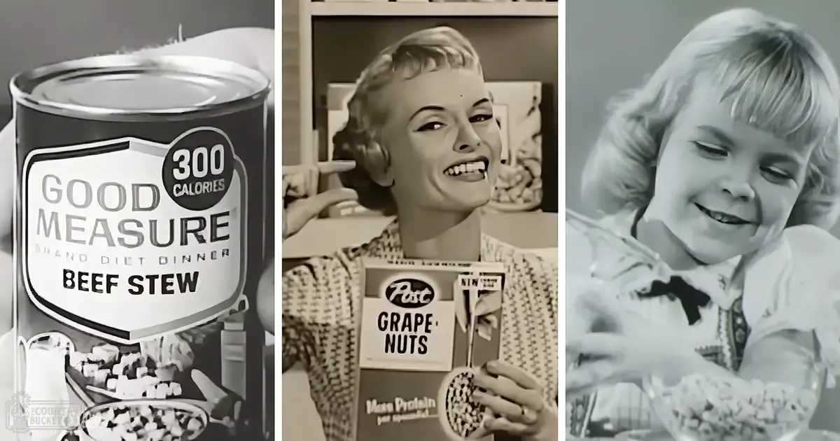 A vintage advertisement showcasing mid-20th century food products, with two adults and a child wearing patterned clothing indoors.