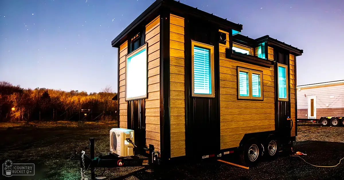 A tiny house with wooden siding and multiple windows at night, illuminated by artificial lights against a dark sky with stars.