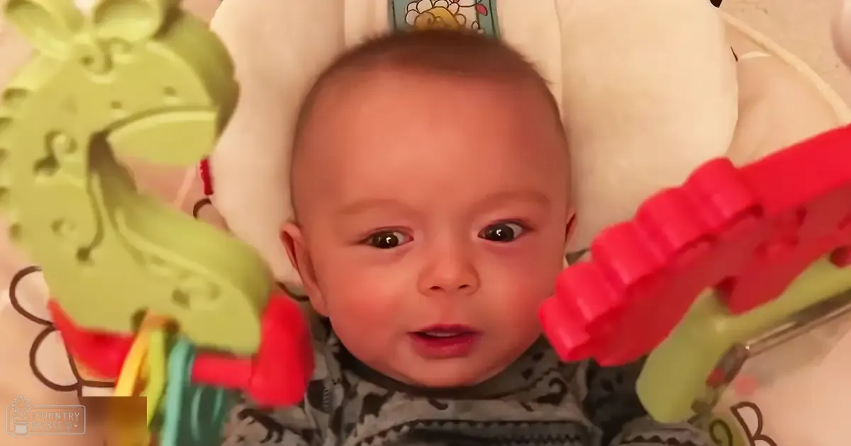 A baby wearing a dark gray bib with animal patterns sits in an infant bouncer surrounded by colorful toys indoors.