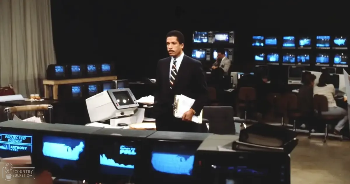An adult male in a dark suit jacket and striped tie stands amidst a newsroom or control room filled with desks, computer monitors, and office equipment under artificial evening lighting.