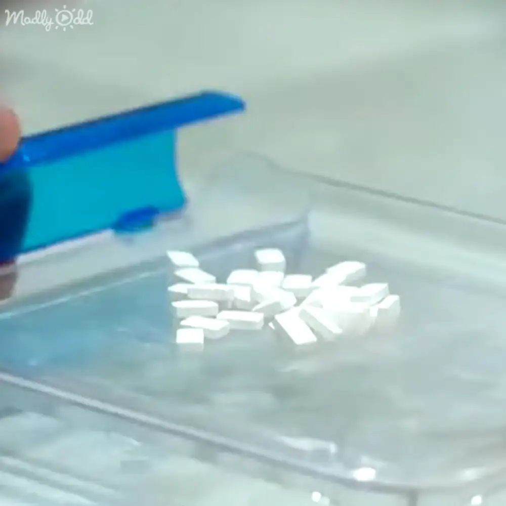 A hand holding a blue object over small white blocks in what appears to be a laboratory setting, with clear plastic tray and artificial indoor lighting.