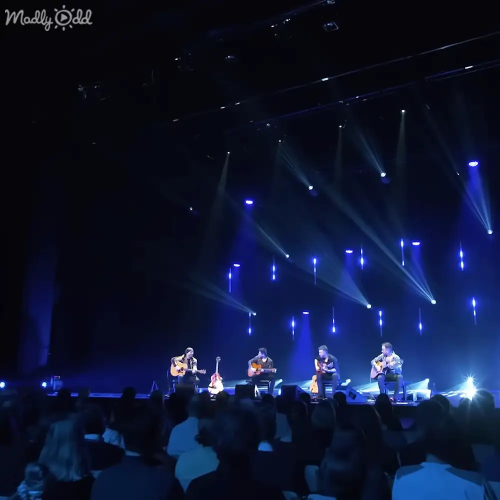 Live music performance in an indoor concert setting with stage lighting and an audience