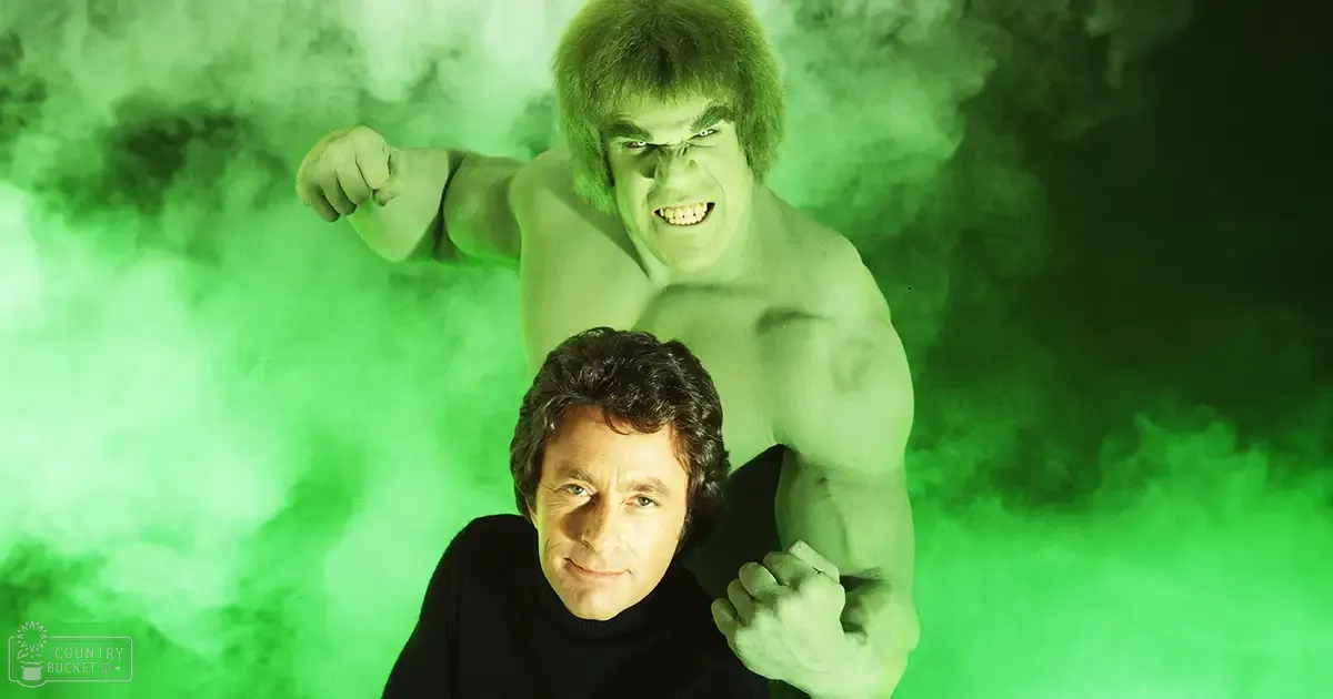 A middle-aged male singer wearing a black turtleneck sweater stands in front of a green character resembling the Hulk against an indoor setting with fog effects.