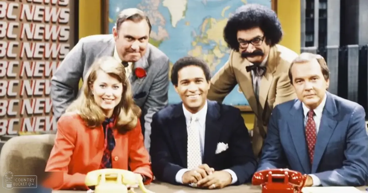 A newsroom setting with five adults: a young adult female wearing an orange blazer and red-and-blue patterned blouse; middle-aged men in dark suits with white shirts and polka-dot ties; an older man with grayish-brown hair in a light gray suit with a red rose pin on his lapel; and another older man with dark curly hair and glasses in a beige blazer.