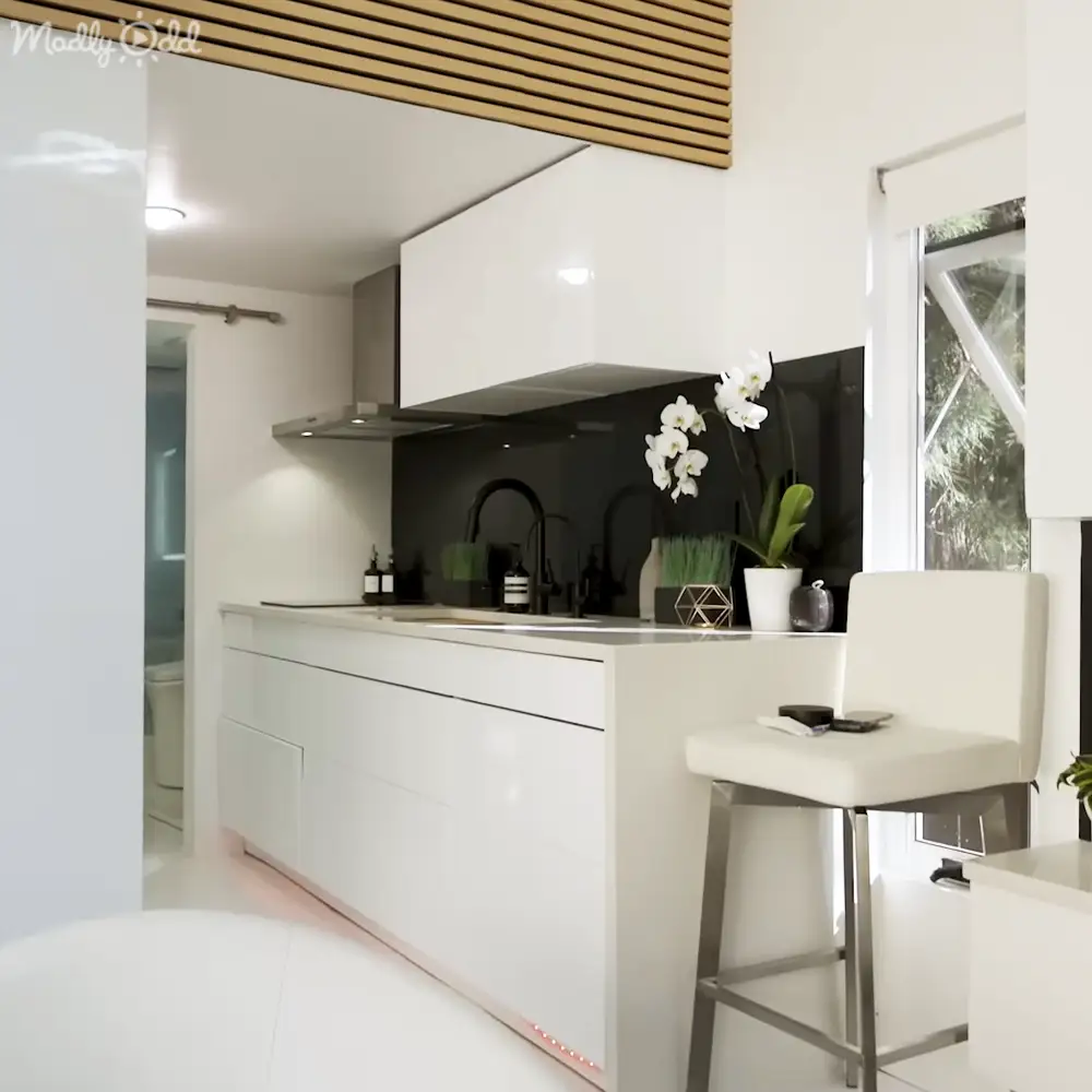 A modern kitchen with a white countertop, black backsplash, white cabinets, and a vase of white orchids in an indoor residential setting.