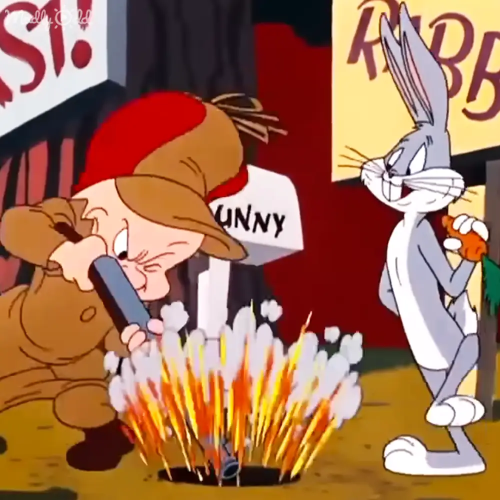 Elmer Fudd and Bugs Bunny in an autumnal farm setting, wearing brown overalls and a red cap, holding a blue object amidst signs reading 'Funny' and clear daylight visibility.