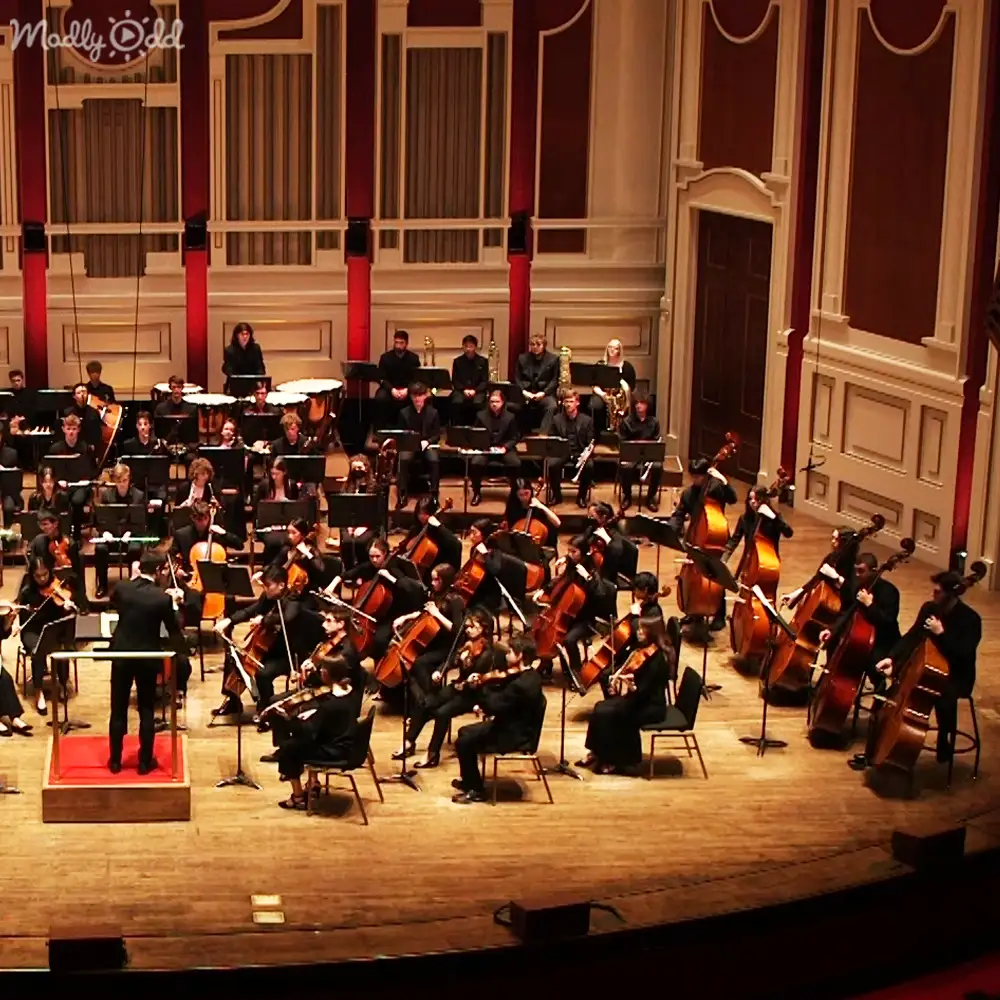 An orchestra performing in a grand concert hall with formal attire and red curtains, suggesting an evening performance.