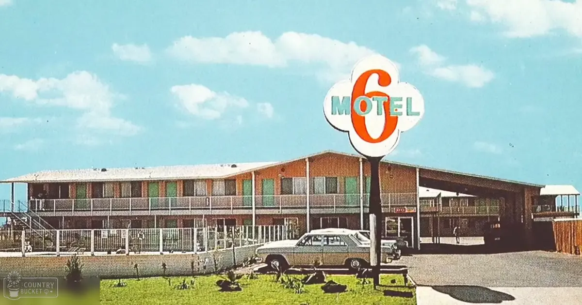 A vintage white car parked outside a teal-colored Motel 6 under clear midday skies in spring or summer.