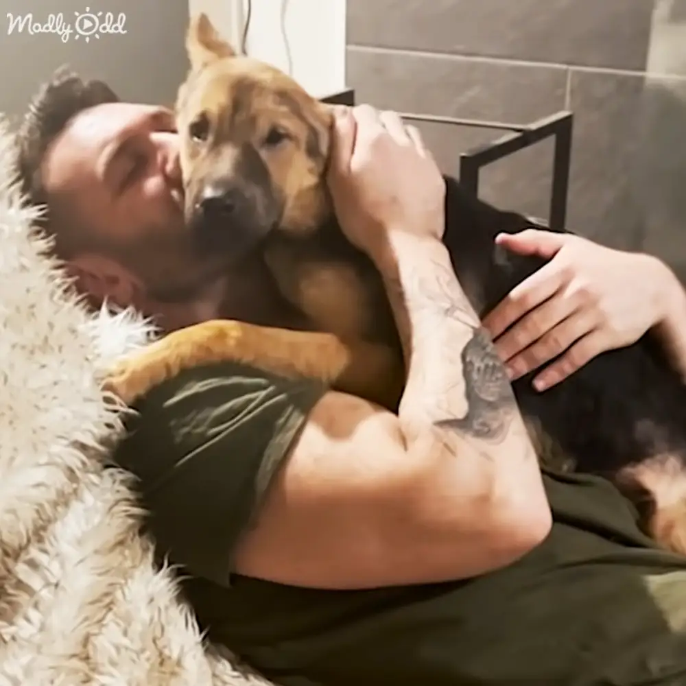 An adult male with tattoos lying down next to a brown and black dog on an indoor tiled floor, natural light suggesting daytime