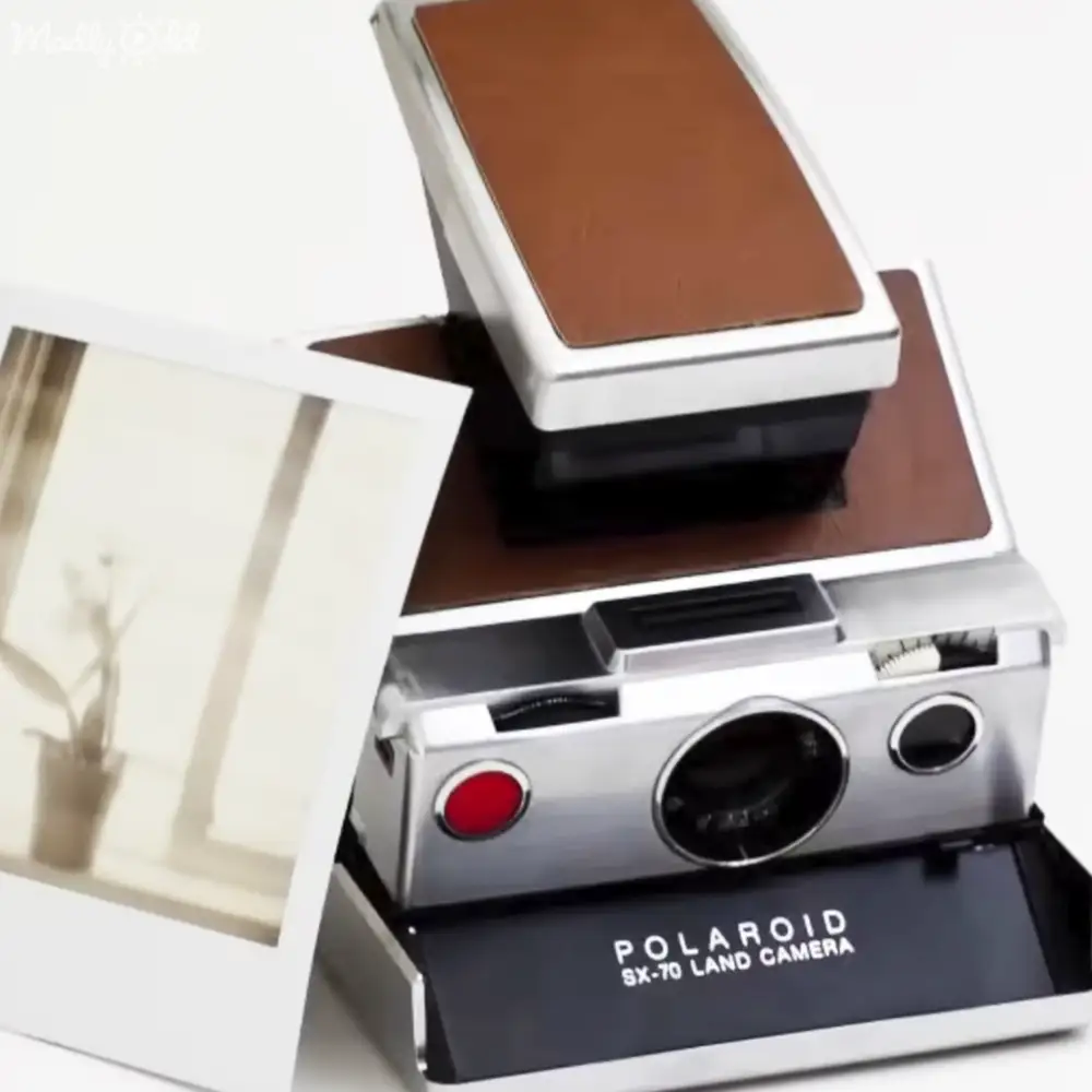 An indoor setting with a Polaroid SX-70 Land Camera, metallic body with brown accents, red button details, partially visible photograph of an indoor scene with furniture and a plant.