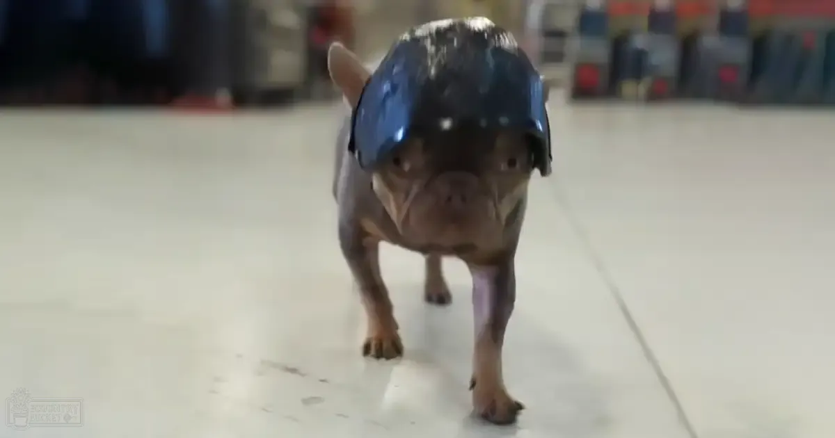 A small wrinkled-faced French Bulldog wearing a helmet indoors in a workshop or garage setting.