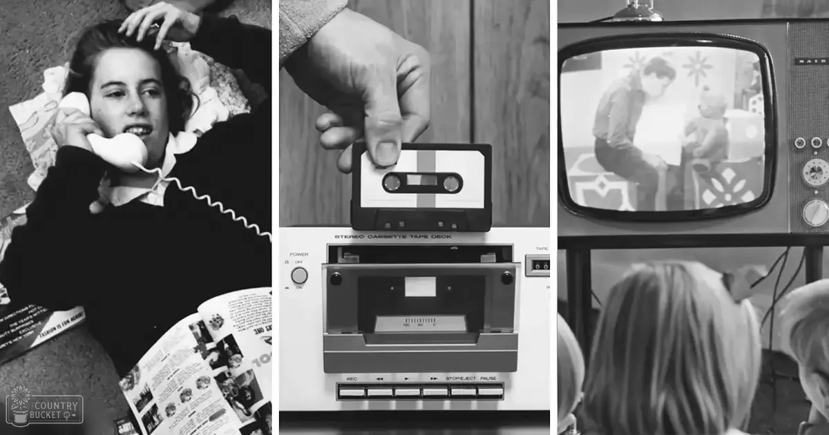 A nostalgic mid-20th century indoor scene with a patterned pillow, open magazine, stereo cassette deck, and old-style television set displaying family watching.