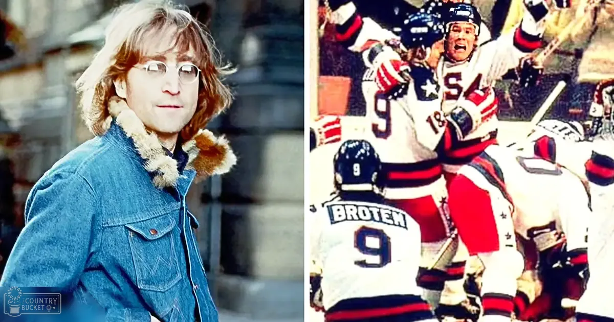 A young adult male wearing a denim jacket with fur-lined hood and glasses, standing outdoors on what appears to be an ice rink during a hockey game in the late 1970s.