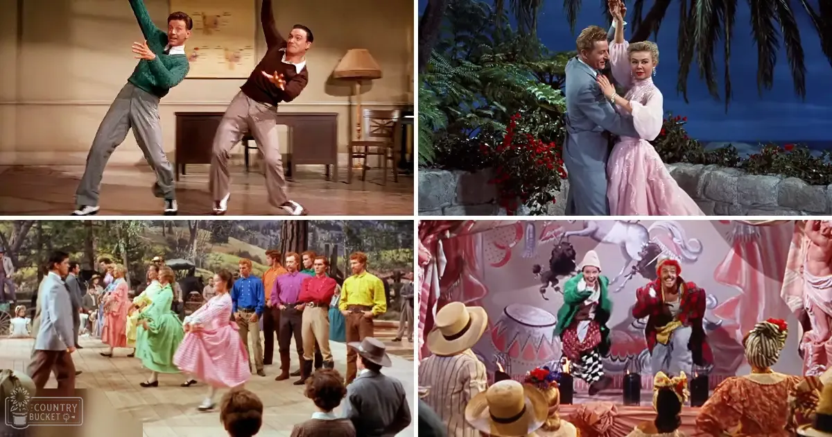 Dancers performing choreographed routines in an indoor studio or dance floor, likely set in the mid-20th century with simple decor and a lamp on a table.