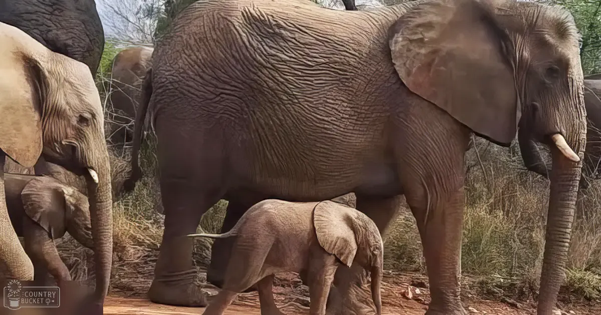 African elephant with a baby, standing in a grassy natural setting during spring or summer.