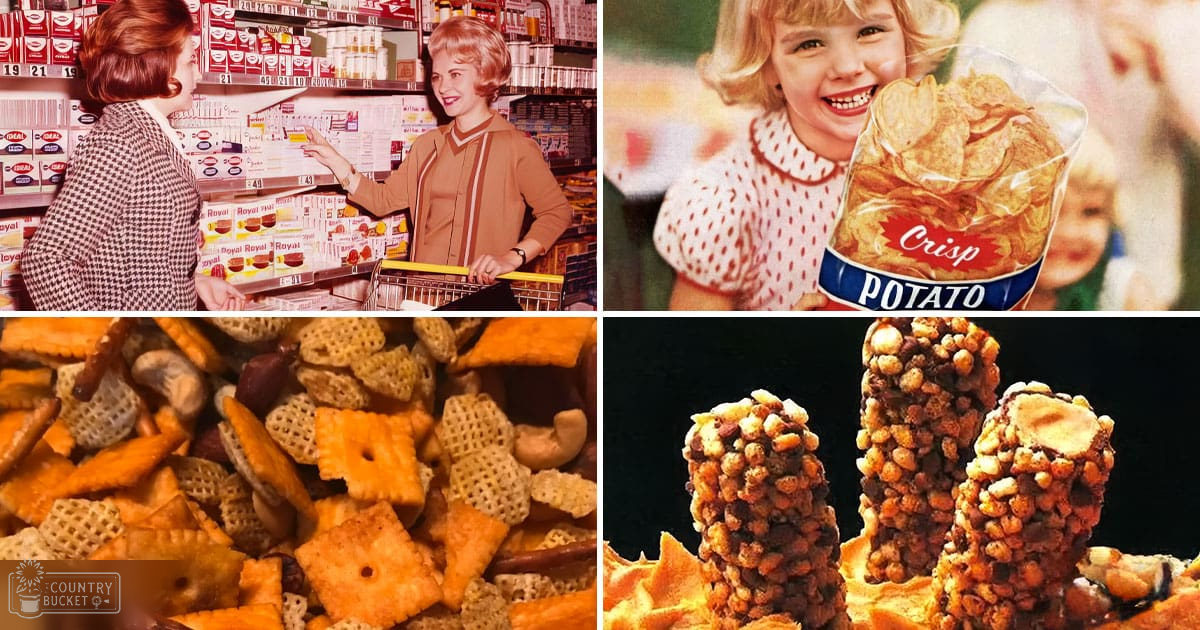 Vintage grocery store setting with advertisements for snacks with a checkered coat on an adult female and a white polka-dotted dress on a young child, shelves stocked with products like Royal milk cartons and Crisp Potato chips.