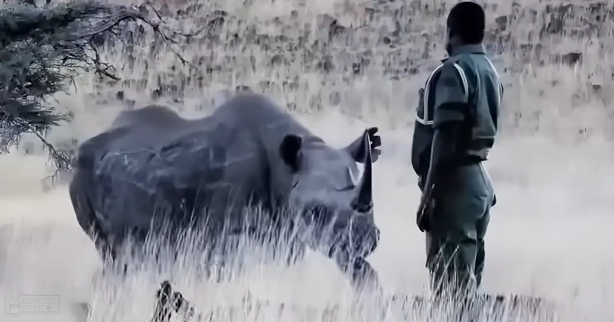 A black rhinoceros in an African savanna setting with dry grasses and sparse trees; early morning or late afternoon light suggests the dry season.