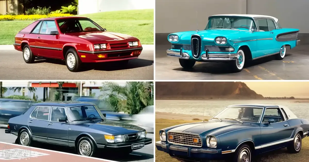 Four vintage cars displayed in various outdoor settings: a red sedan from the 1970s or early 1980s, a turquoise and white station wagon possibly from the late 1950s to early 1960s, a dark blue sedan from the 1970s or 1980s, and a two-tone blue and white convertible car also from the 1970s or 1980s.