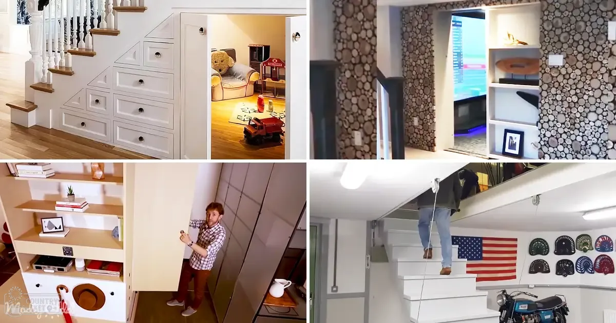A young adult male in a plaid shirt and brown pants explores hidden storage under stairs filled with toys, books, and an American flag.