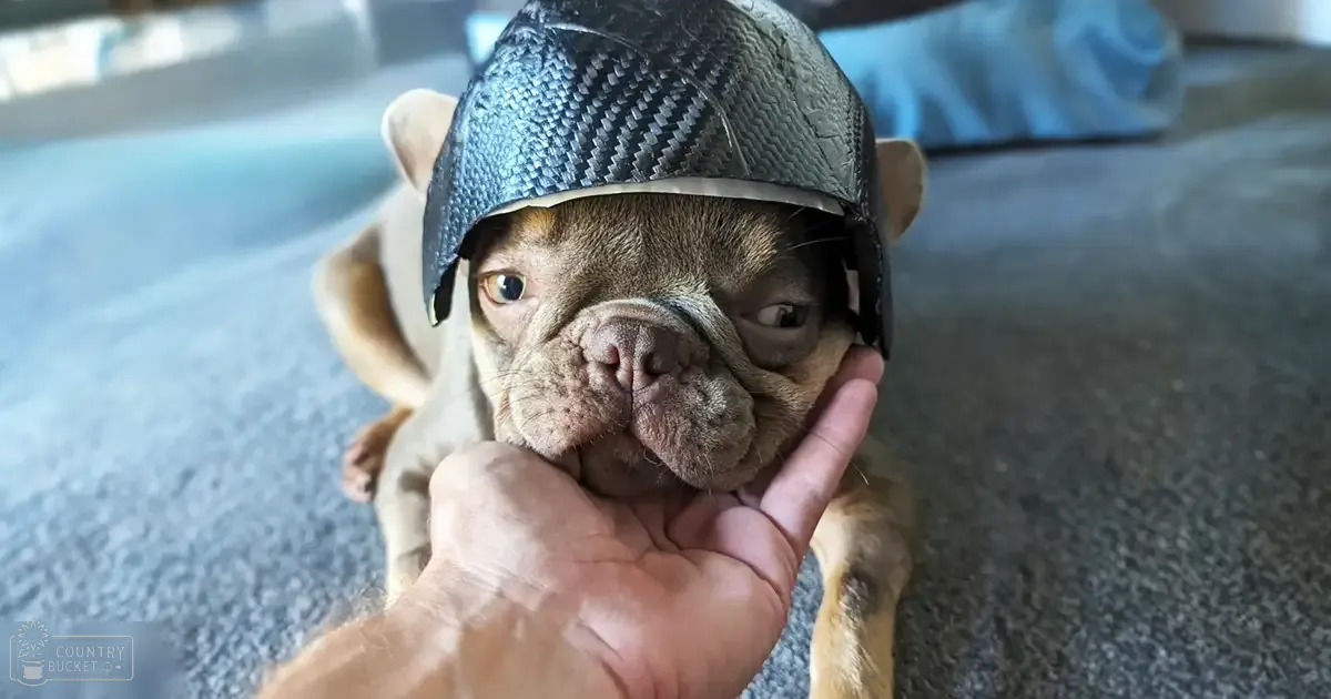 A French Bulldog puppy, brown and white in color, wearing a dark helmet indoors with an adult male hand holding its chin.