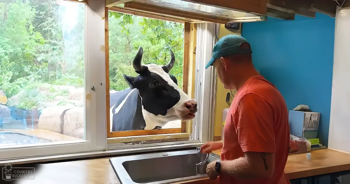 An adult male wearing a teal baseball cap, coral t-shirt, and dark shorts stands near a stainless steel sink in an indoor kitchen area with greenery visible outside. A Holstein cow is present.