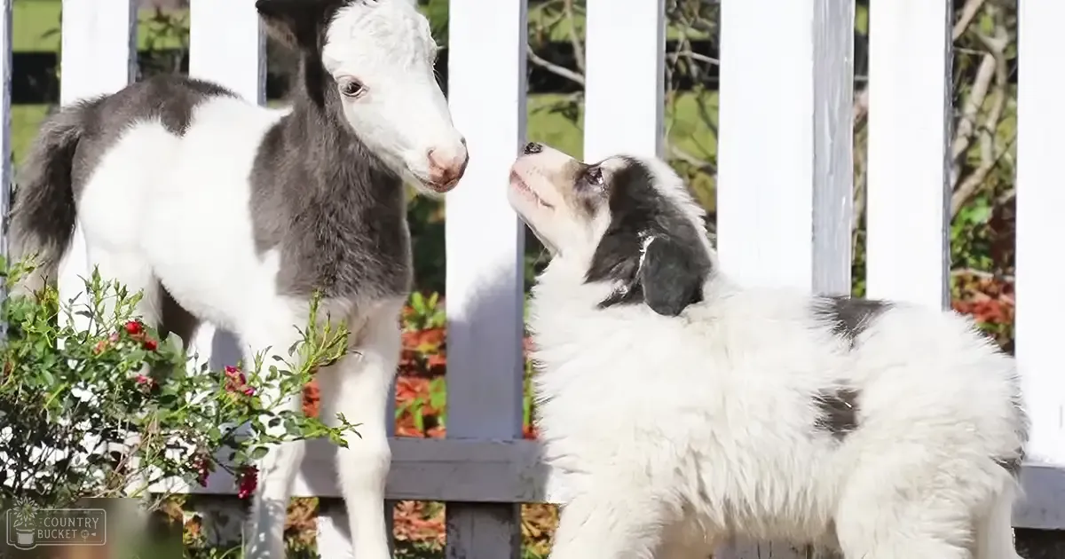A young calf with white and dark brown patches and a medium-sized dog, possibly a Border Collie or similar breed, with predominantly white fur and some black markings on its face and back, in an outdoor rural setting with a white picket fence, greenery, and natural lighting.