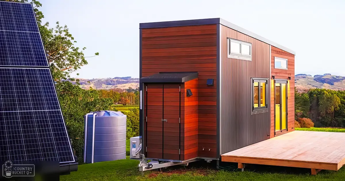 A modern tiny house with solar panels in a rural setting on rolling hills surrounded by lush greenery under bright daylight.
