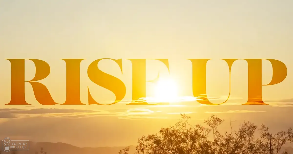 A serene sunrise scene with 'RISE UP' superimposed over it, set against a backdrop of silhouetted trees and a sky painted in shades of yellow, orange, and white.