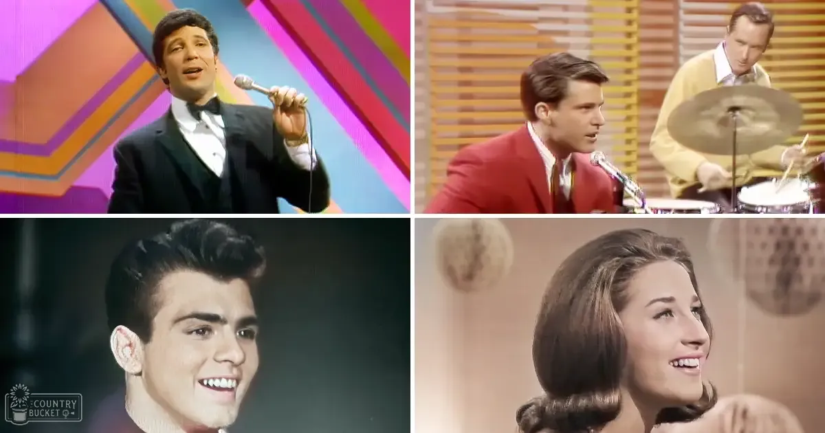 Musical performance scene with young and middle-aged individuals in formal attire against vibrant 1960s backdrop.