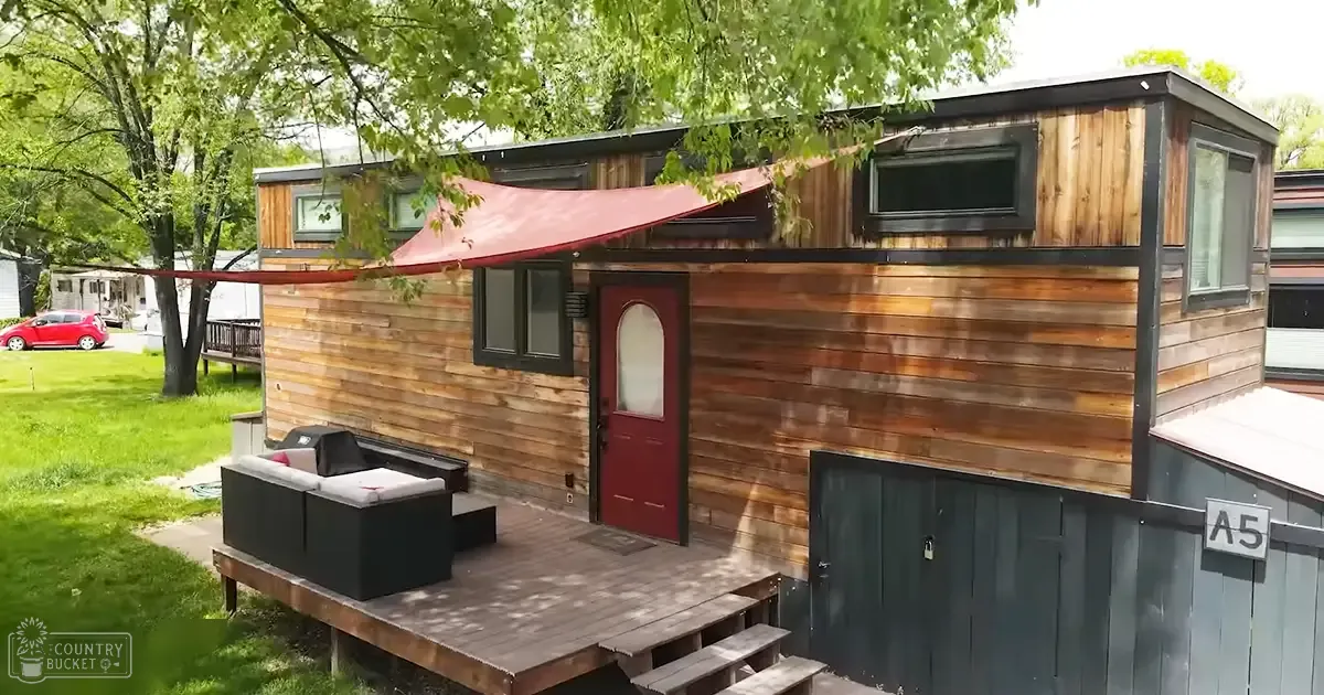 A suburban backyard with a modern tiny house, wooden siding, red door, black awning, outdoor seating with cushions on a wooden deck, surrounded by green grass and trees in spring or summer light.