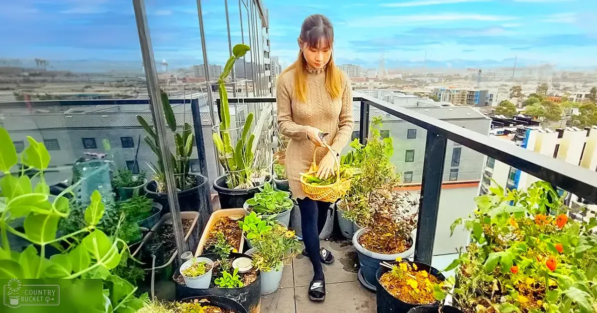 A young adult female in a beige textured dress and black leggings stands on an urban rooftop garden, surrounded by potted plants under partly cloudy skies.