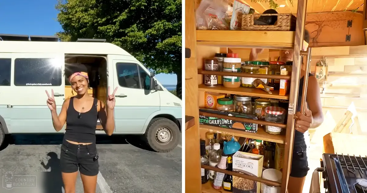 A young adult female stands in front of a white van at an outdoor campsite with green trees and clear blue skies, suggesting summer or spring.