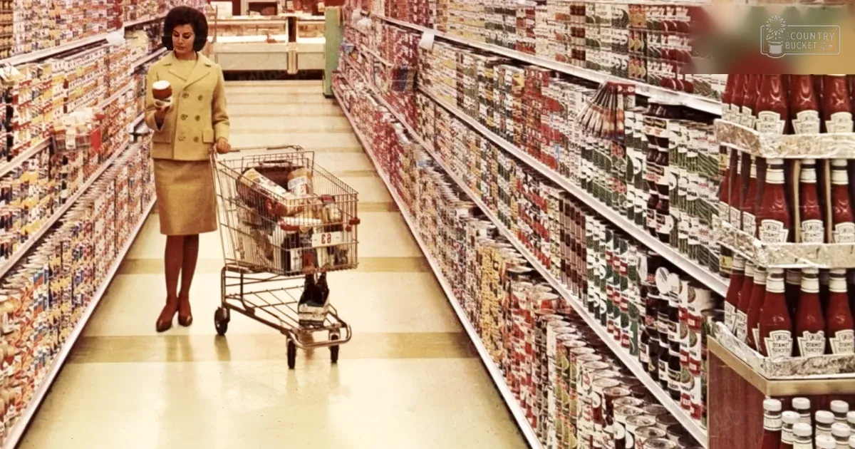 An older adult female wearing a light-colored blazer and skirt, holding a small object while pushing a shopping cart in a grocery store aisle. Shelves stocked with canned goods and ketchup bottles are visible.