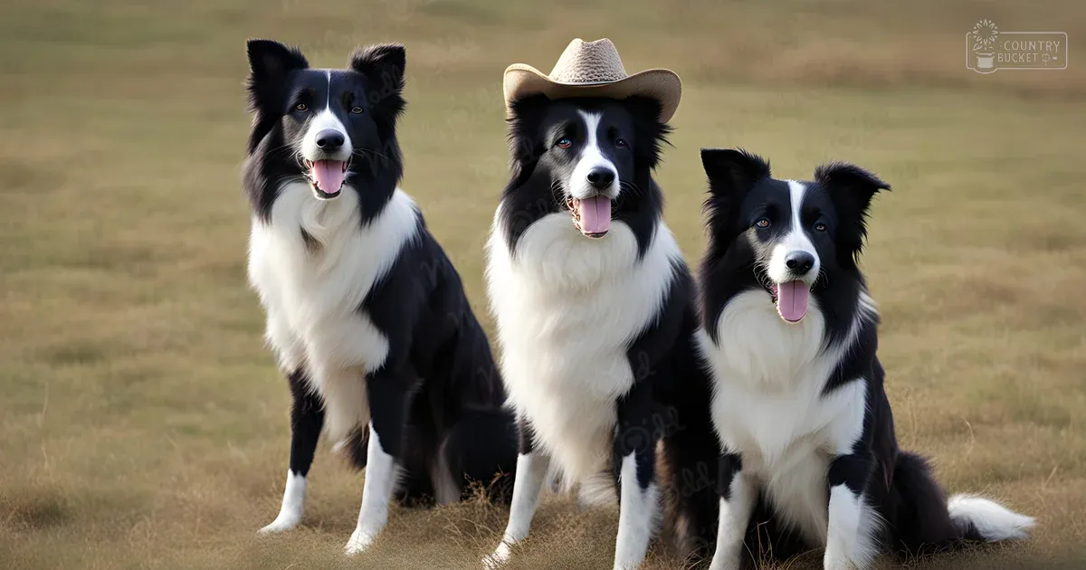 Three Border Collie dogs with distinct black-and-white markings in a dry, open field under natural daylight.