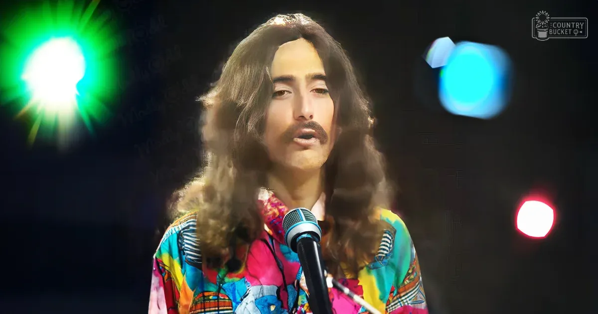 Adult male performer on stage with vibrant tie-dye shirt at a concert or music event under bright green and blue spotlights.