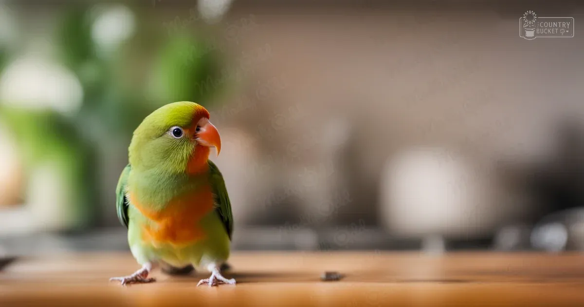 A small parrot with green plumage, an orange underbelly, and a bright orange beak sits in an indoor setting bathed in natural daylight.