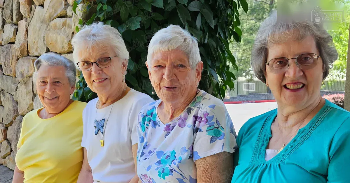 A group of older adult females in a casual outdoor setting with greenery, stone walls, and paved areas on bright sunny day.