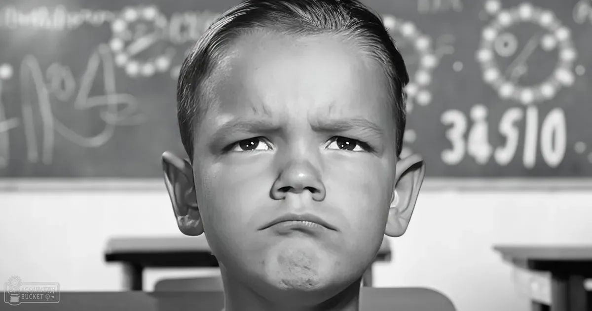 A young child in a classroom setting with desks, chairs, and a chalkboard visible behind them.