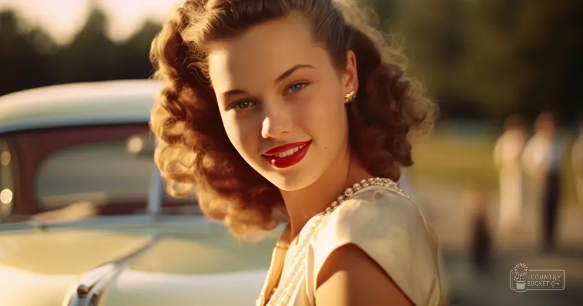 A young adult female in a white sleeveless dress with pearl jewelry stands outdoors near a vintage car, suggesting mid-20th-century fashion, under warm afternoon light.