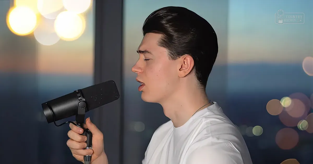 Young adult male wearing a white relaxed-fit t-shirt with round neckline, short sleeves, holding a microphone against an indoor urban backdrop at dusk or early evening.