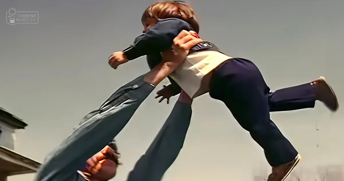 A toddler girl wearing dark clothing is lifted into the air by an adult male in a minimalistic indoor setting with soft natural lighting.