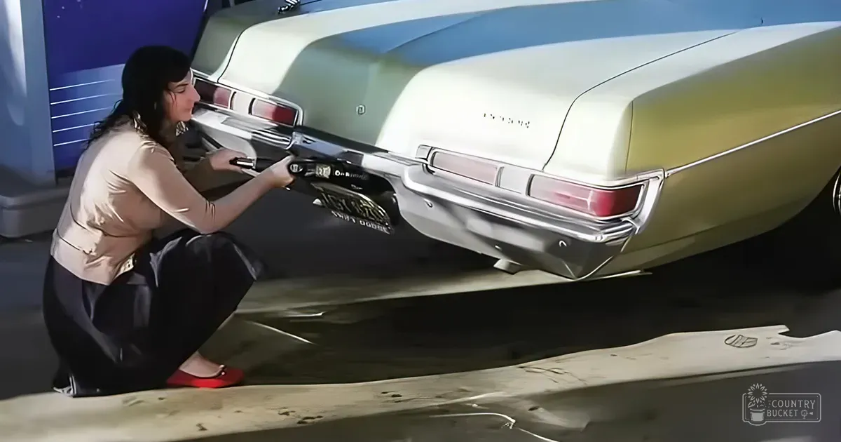 A young adult female wearing a beige long-sleeved shirt and black pants with red shoes in an indoor garage or workshop setting, handling the gas cap of a vintage Buick Electra 225 from the late 1960s to early 1970s era.
