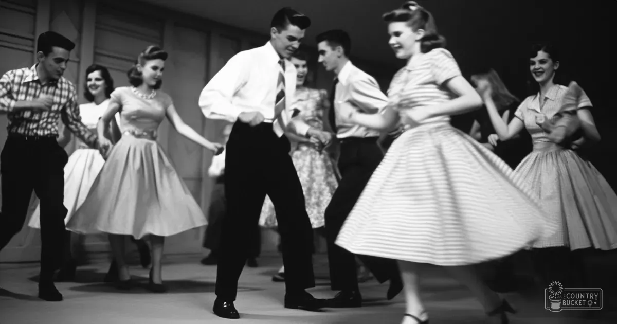 Teen dancers in checkered shirts and striped dresses practicing a dance routine in a school gymnasium setting.