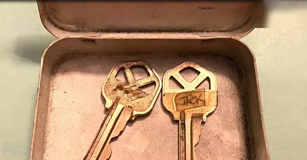 Close-up of two keys in an open metal box with 'TRICK' label, worn box interior visible; muted brown and beige tones dominate setting.