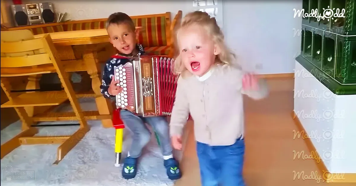 Two toddlers, a boy and girl, dressed casually indoors, holding an accordion.