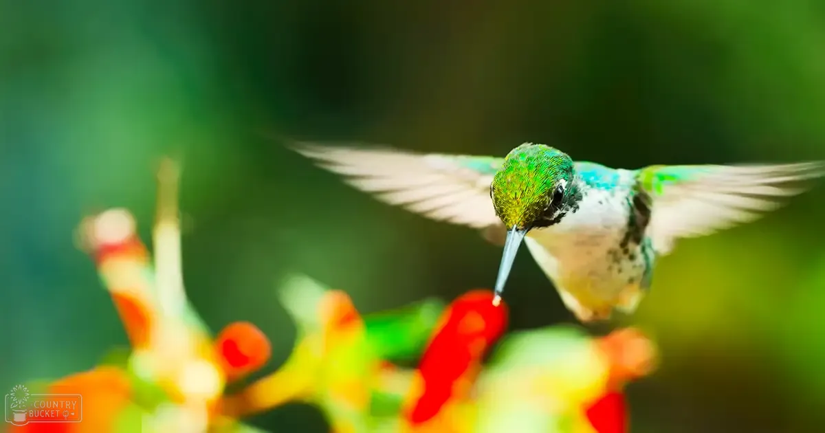 A hummingbird with vibrant green plumage hovers amidst lush green foliage and blooming red flowers in a natural setting during spring or summer.